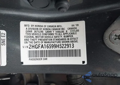 2009 Honda Civic Lx из США, поврежденный, VIN 2HGFA16599H522913